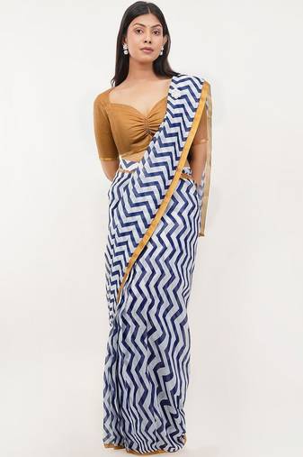 Blue linen printed saree with blouse