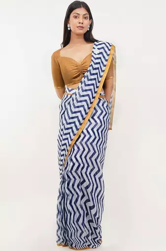 Blue linen printed saree with blouse