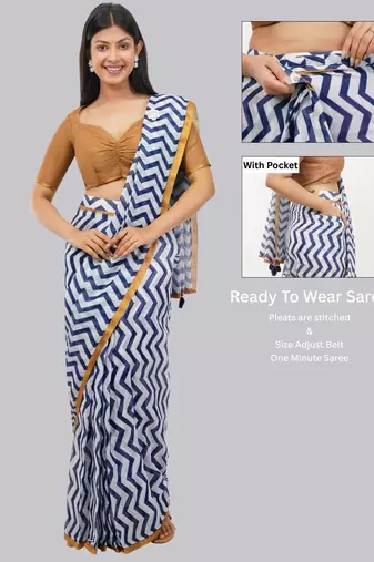 Blue linen printed saree with blouse