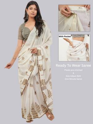 Off white linen printed saree with blouse 1