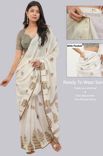 Off white linen printed saree with blouse