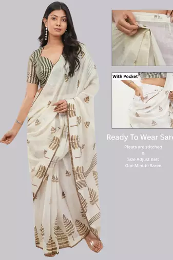 Off white linen printed saree with blouse
