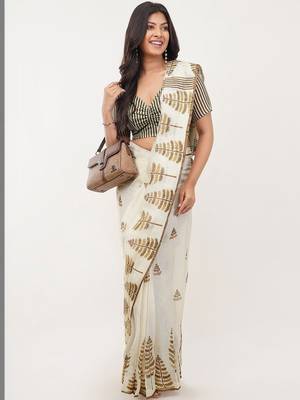Off white linen printed saree with blouse 2