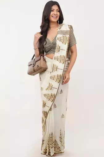Off white linen printed saree with blouse