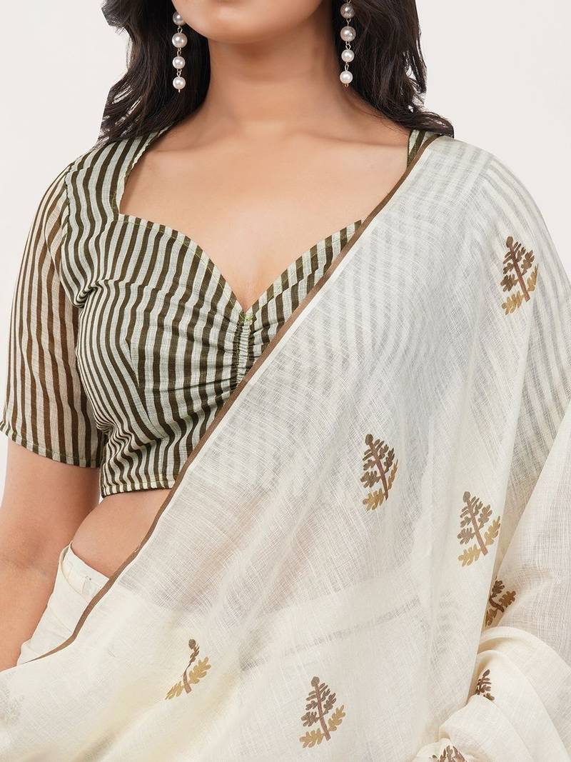Off white linen printed saree with blouse