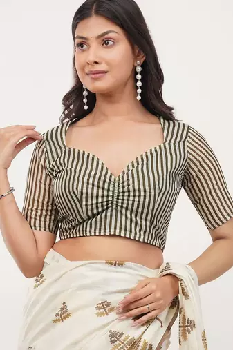 Off white linen printed saree with blouse