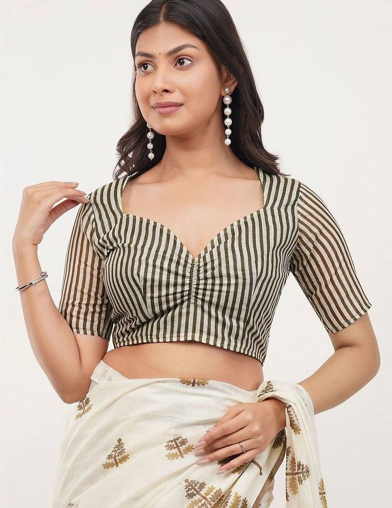 Off white linen printed saree with blouse