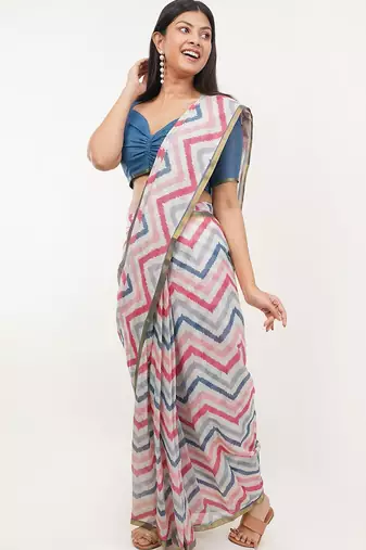 White linen printed saree with blouse