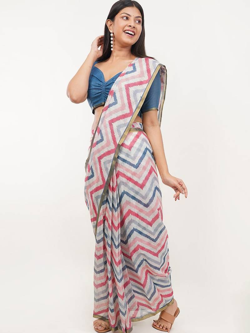 White linen printed saree with blouse
