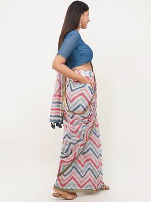 White linen printed saree with blouse 2