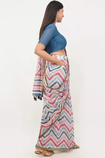 White linen printed saree with blouse