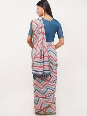 White linen printed saree with blouse 3