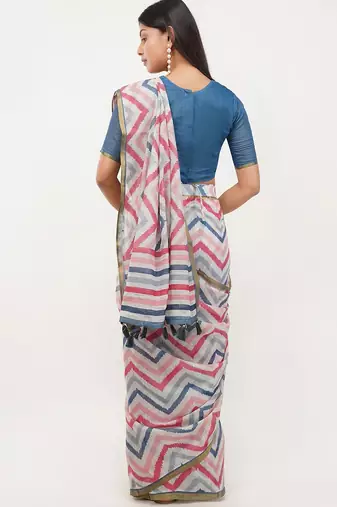 White linen printed saree with blouse