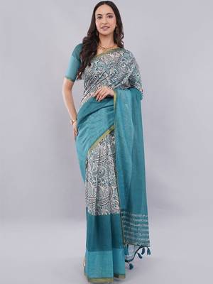 Blue linen printed saree with blouse 1