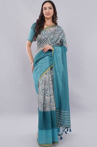 Blue linen printed saree with blouse