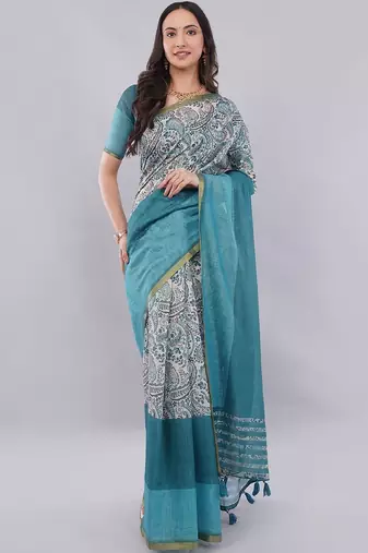 Blue linen printed saree with blouse