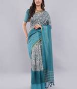Blue linen printed saree with blouse