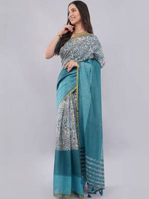 Blue linen printed saree with blouse 2