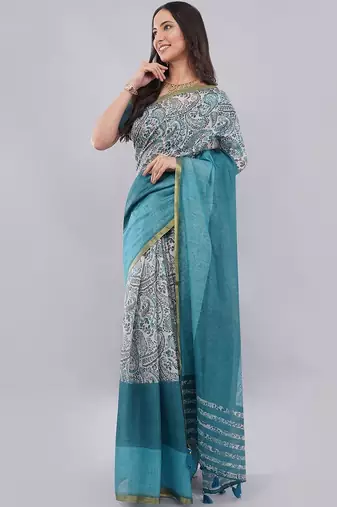 Blue linen printed saree with blouse