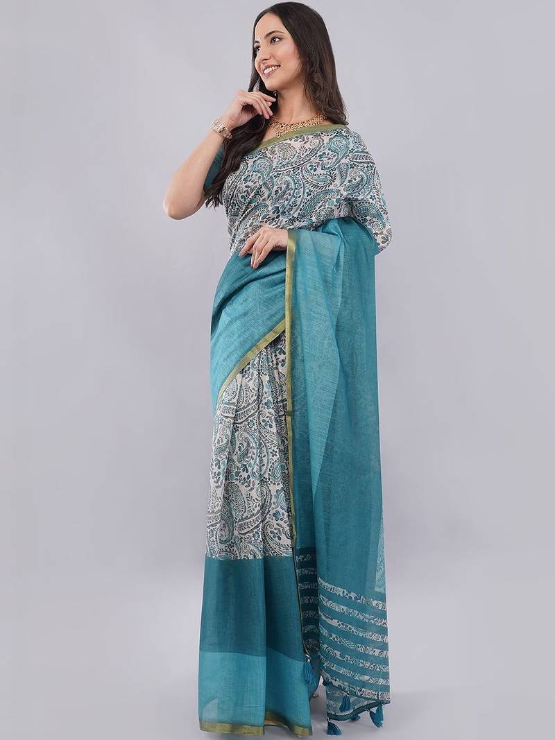Blue linen printed saree with blouse