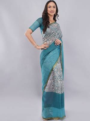 Blue linen printed saree with blouse 3