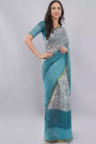 Blue linen printed saree with blouse