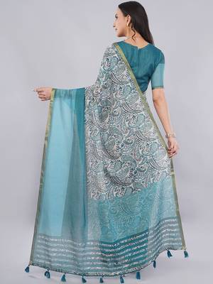 Blue linen printed saree with blouse 4
