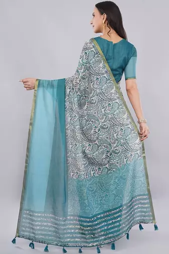 Blue linen printed saree with blouse
