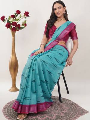 Turquoise linen woven design saree with blouse 1