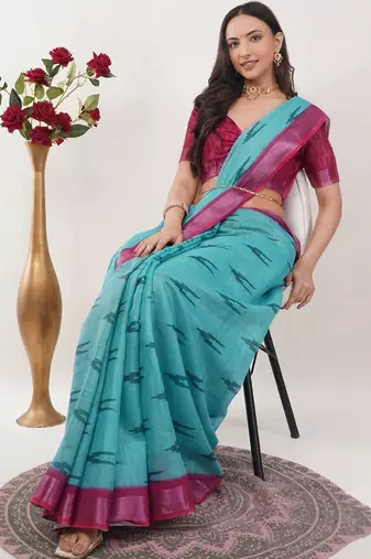 Turquoise linen woven design saree with blouse