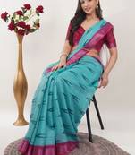 Turquoise linen woven design saree with blouse