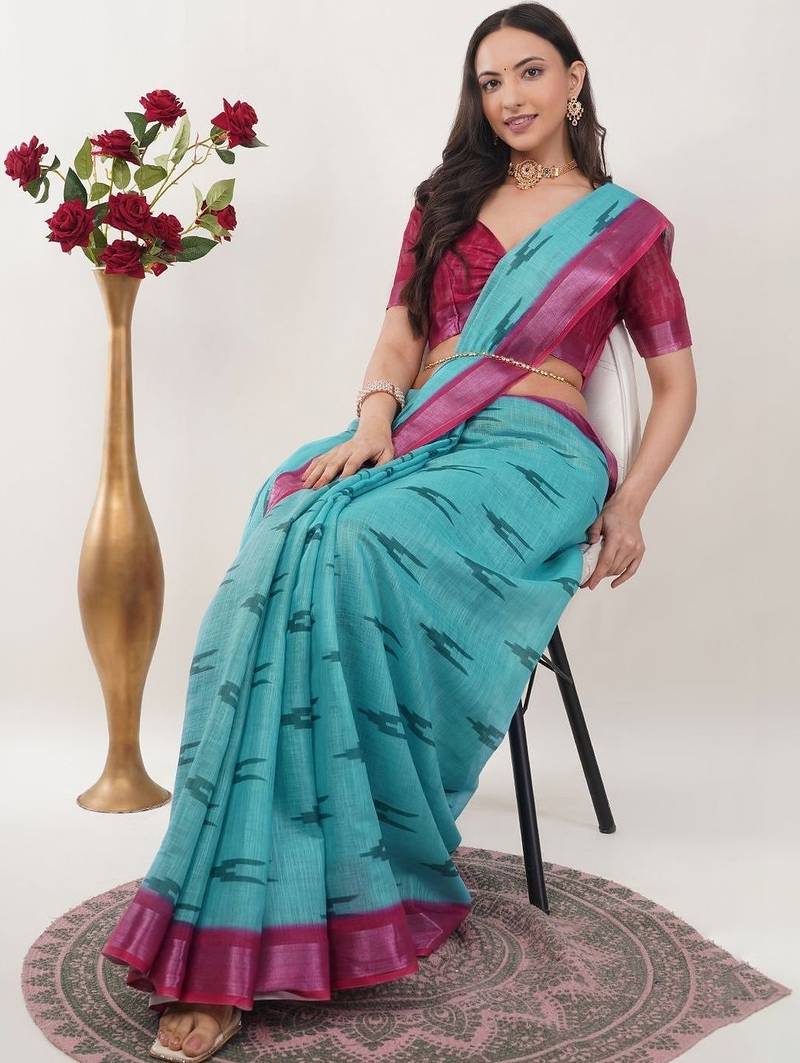 Turquoise linen woven design saree with blouse