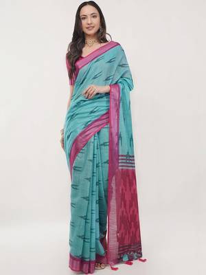Turquoise linen woven design saree with blouse 2