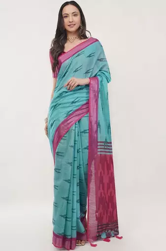 Turquoise linen woven design saree with blouse