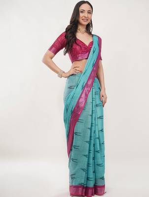 Turquoise linen woven design saree with blouse 3