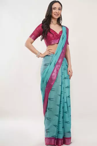 Turquoise linen woven design saree with blouse