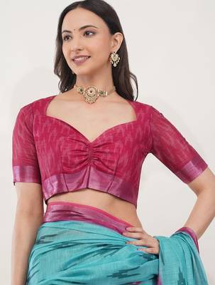Turquoise linen woven design saree with blouse 4