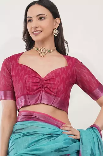 Turquoise linen woven design saree with blouse