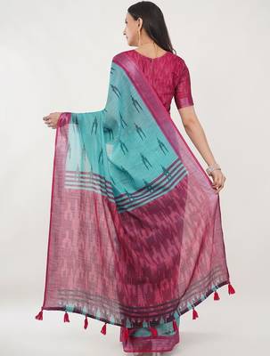 Turquoise linen woven design saree with blouse 5
