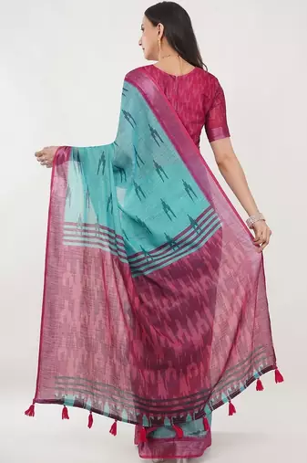 Turquoise linen woven design saree with blouse