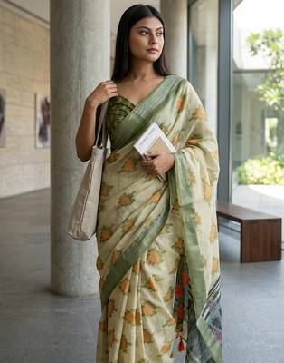 Green linen woven design saree with blouse 1