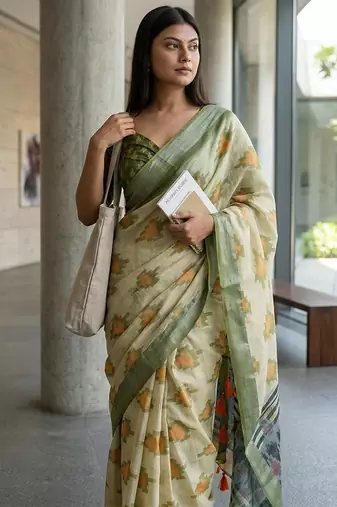 Green linen woven design saree with blouse