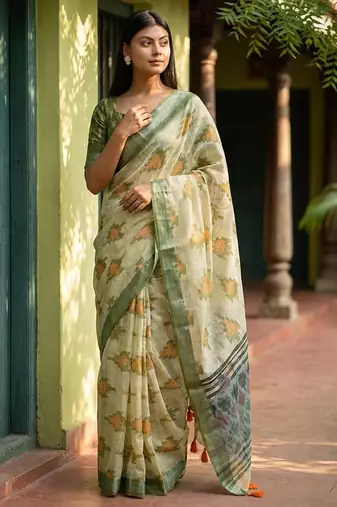 Green linen woven design saree with blouse