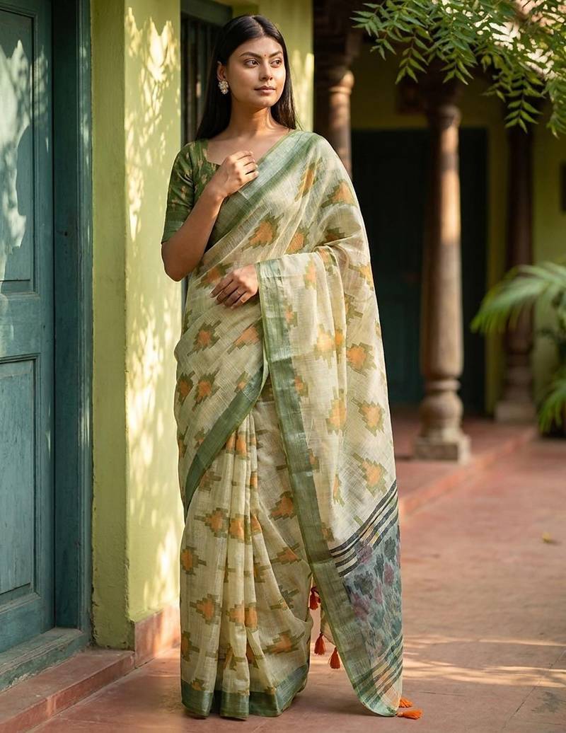 Green linen woven design saree with blouse