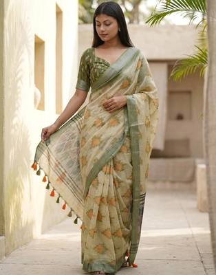 Green linen woven design saree with blouse 3