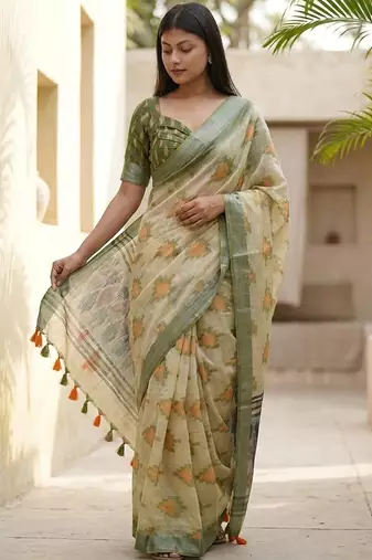 Green linen woven design saree with blouse
