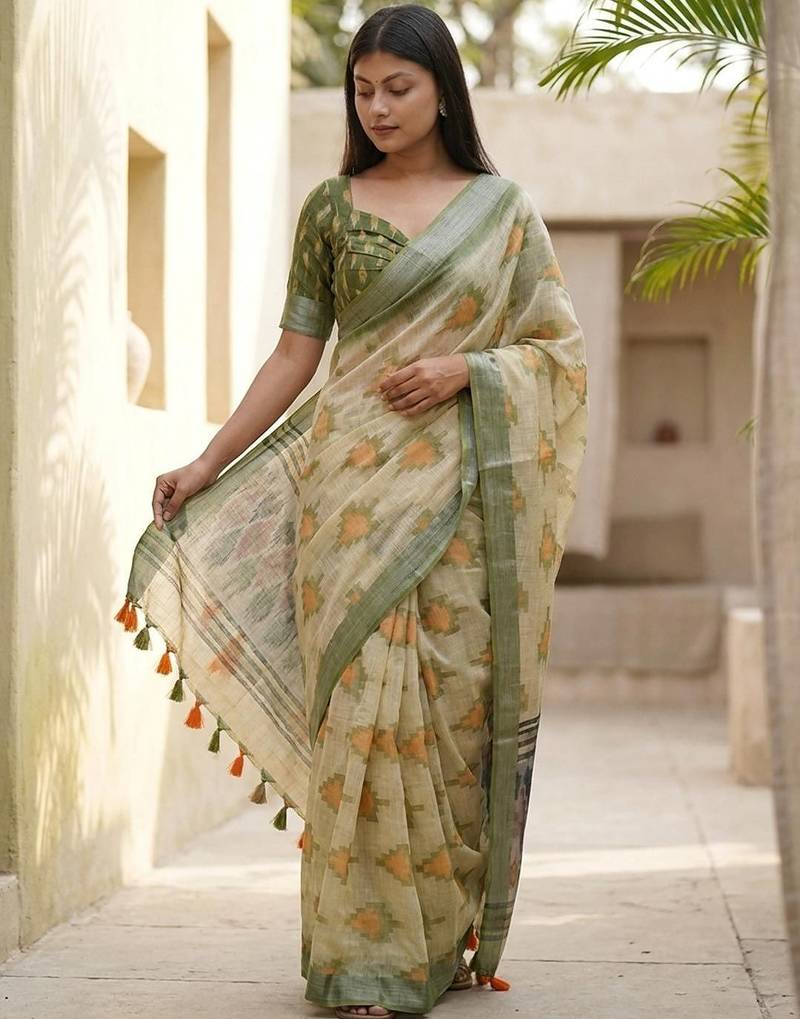 Green linen woven design saree with blouse