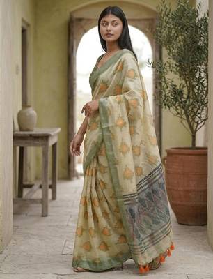 Green linen woven design saree with blouse 4
