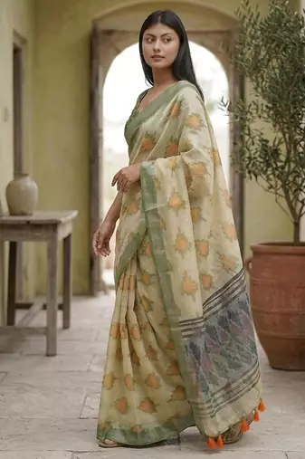 Green linen woven design saree with blouse