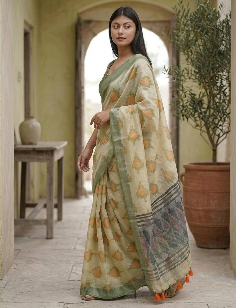 Green linen woven design saree with blouse